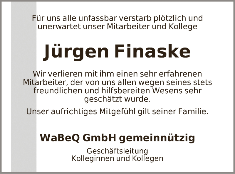 Traueranzeige von Jürgen Finaske von WESER-KURIER