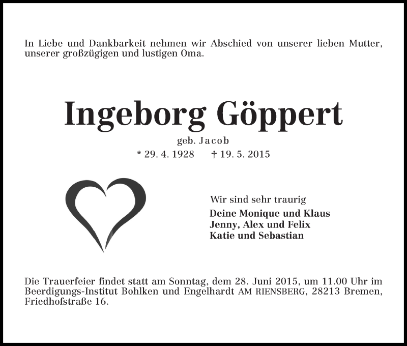 Traueranzeige von Ingeborg Göppert von WESER-KURIER