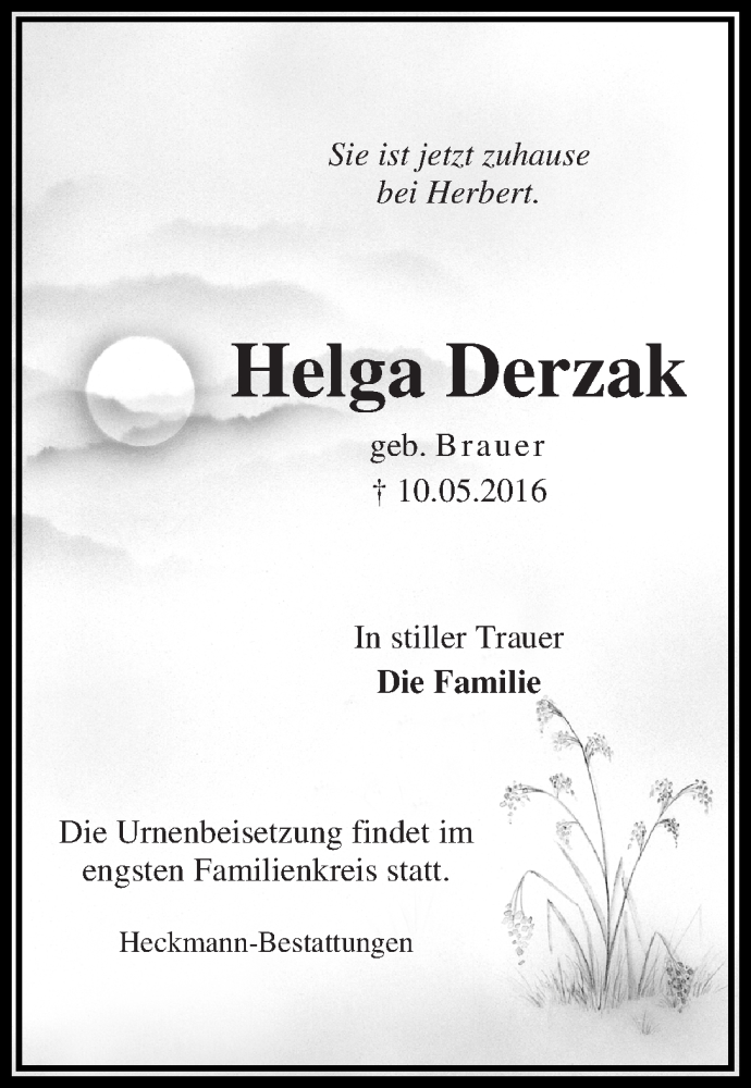Traueranzeige von Helga Derzak von Die Norddeutsche