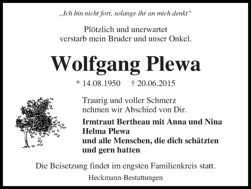Traueranzeige von Wolfgang Plewa von Die Norddeutsche