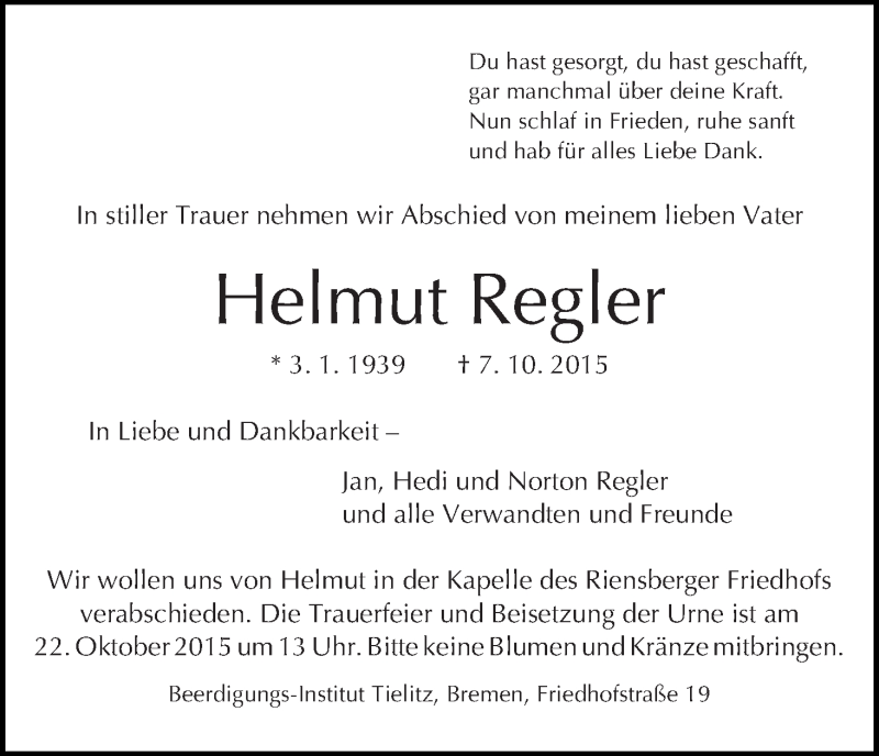 Traueranzeige von Helmut Regler von WESER-KURIER