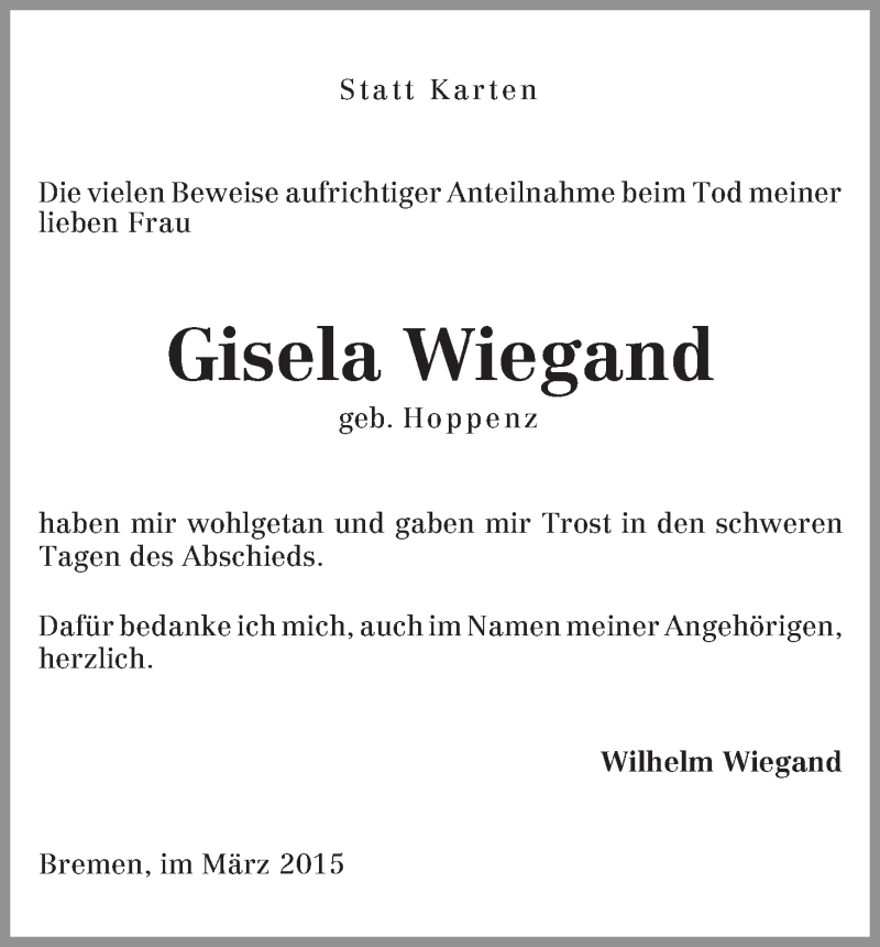Traueranzeige von Gisela Wiegand von WESER-KURIER