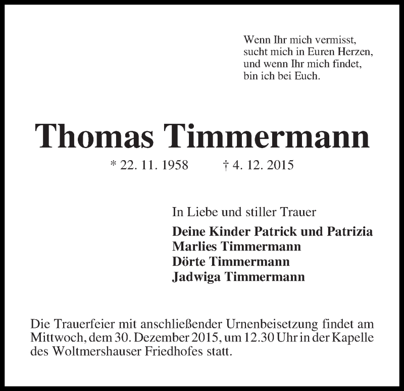 Traueranzeige von Thomas Timmermann von WESER-KURIER