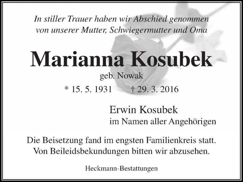 Traueranzeige von Marianna Kosubek von Die Norddeutsche
