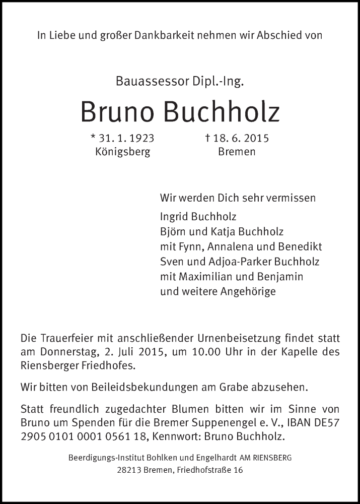 Traueranzeige von Bruno Buchholz von WESER-KURIER