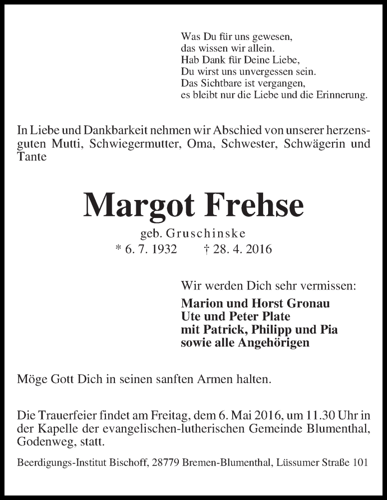 Traueranzeige von Margot Frehse von Die Norddeutsche