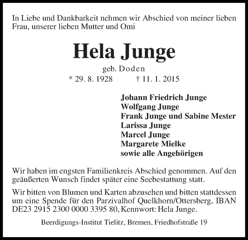 Traueranzeige von Hela Junge von WESER-KURIER