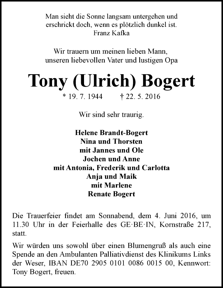 Traueranzeige von Tony (Ulrich) Bogert von WESER-KURIER