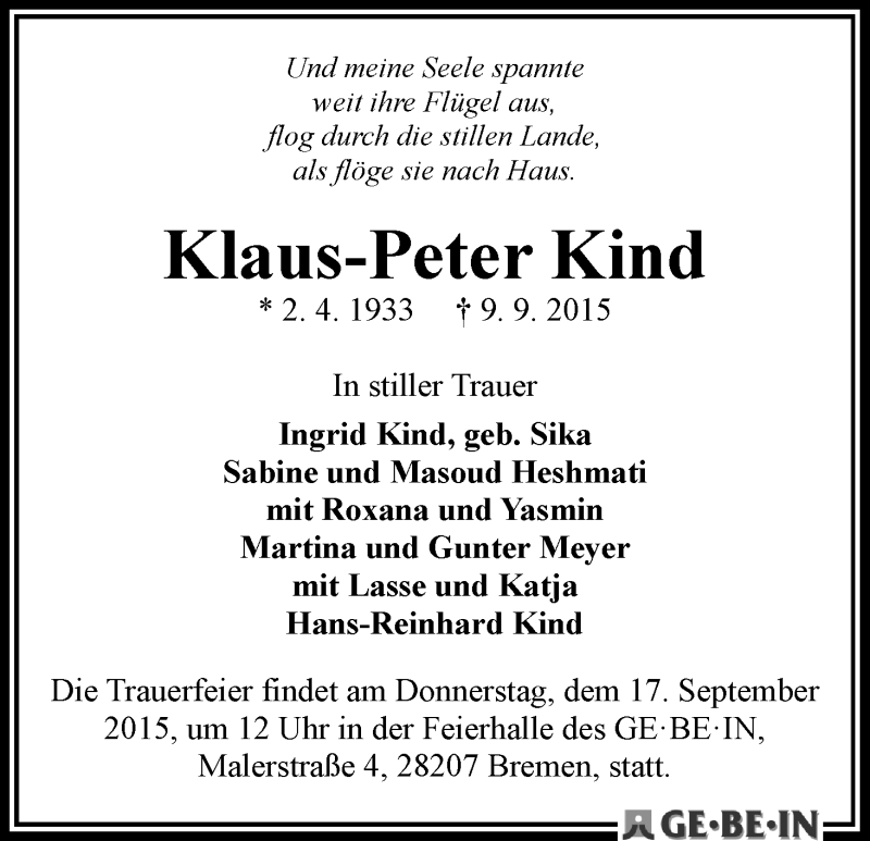 Traueranzeige von Klaus-Peter Kind von WESER-KURIER