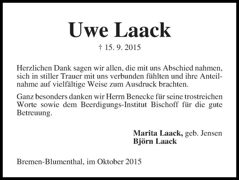 Traueranzeige von Uwe Laack von Die Norddeutsche
