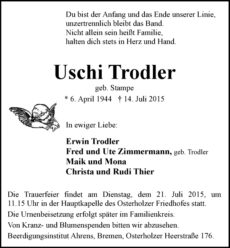 Traueranzeige von Uschi Trodler von WESER-KURIER