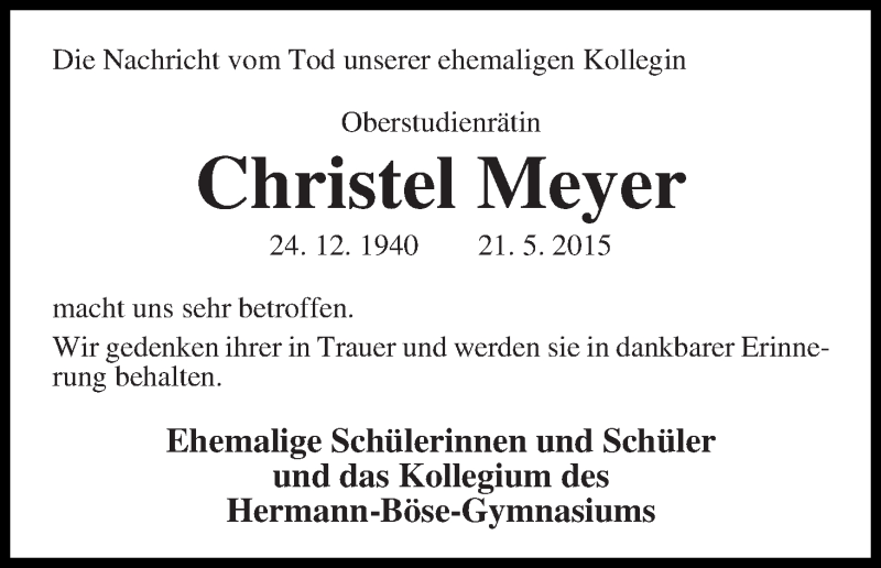 Traueranzeige von Christel Meyer von WESER-KURIER