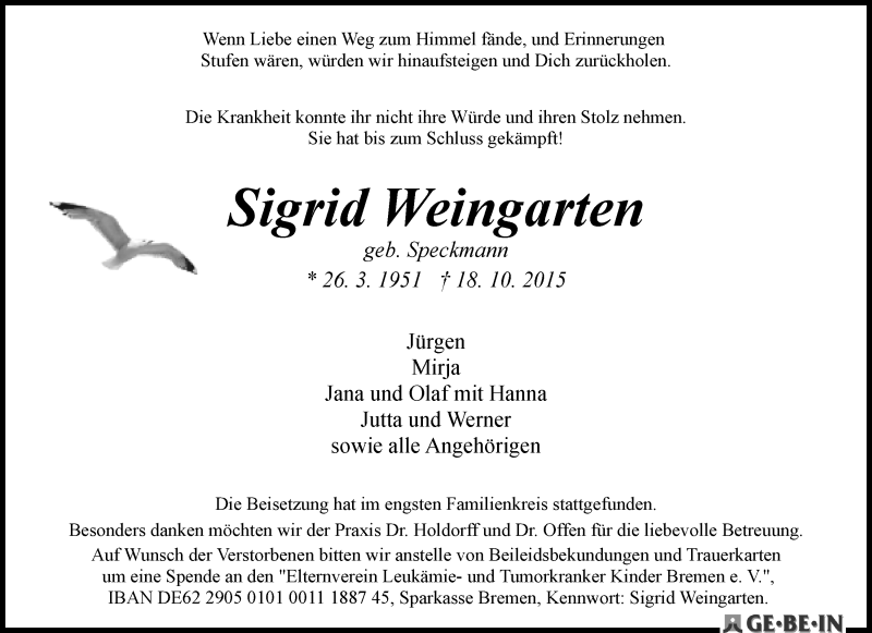 Traueranzeige von Sigrid Weingarten von WESER-KURIER