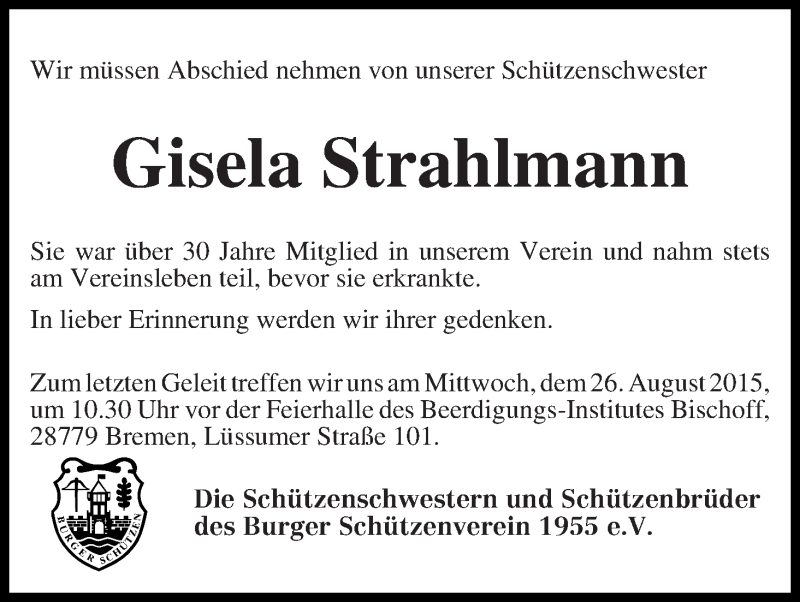 Traueranzeige von Gisela Strahlmann von Die Norddeutsche