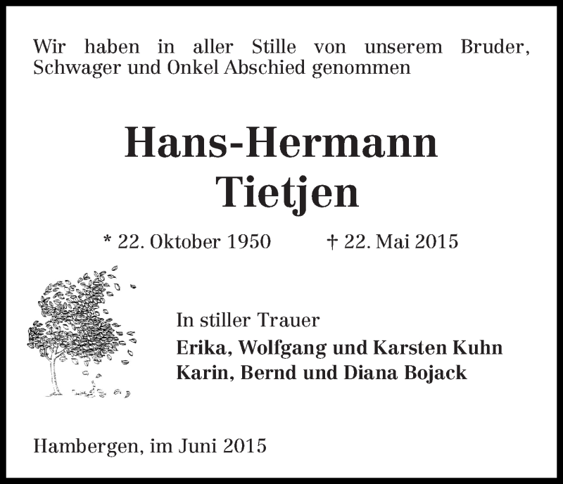 Traueranzeige von Hans-Hermann Tietjen von Osterholzer Kreisblatt