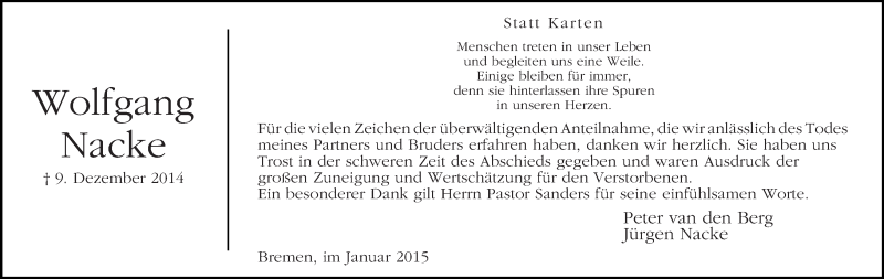 Traueranzeige von Wolfgang Nacke von WESER-KURIER