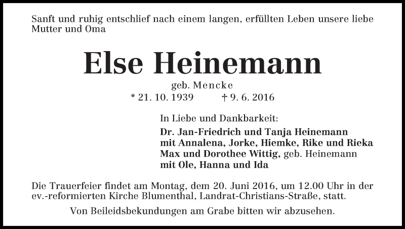 Traueranzeige von Else Heinemann von WESER-KURIER