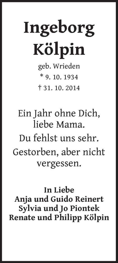 Traueranzeige von Ingeborg Kölpin von WESER-KURIER