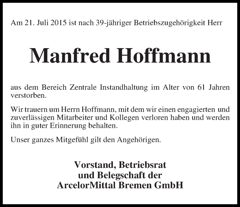 Traueranzeige von Manfred Hoffmann von WESER-KURIER