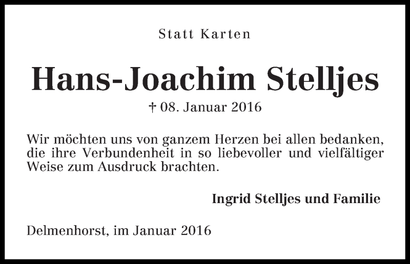 Traueranzeige von Hans-Joachim Stelljes von WESER-KURIER