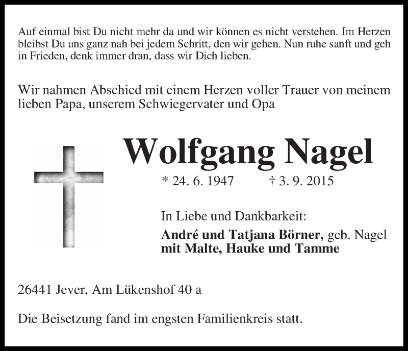 Traueranzeige von Wolfgang Nagel von Die Norddeutsche