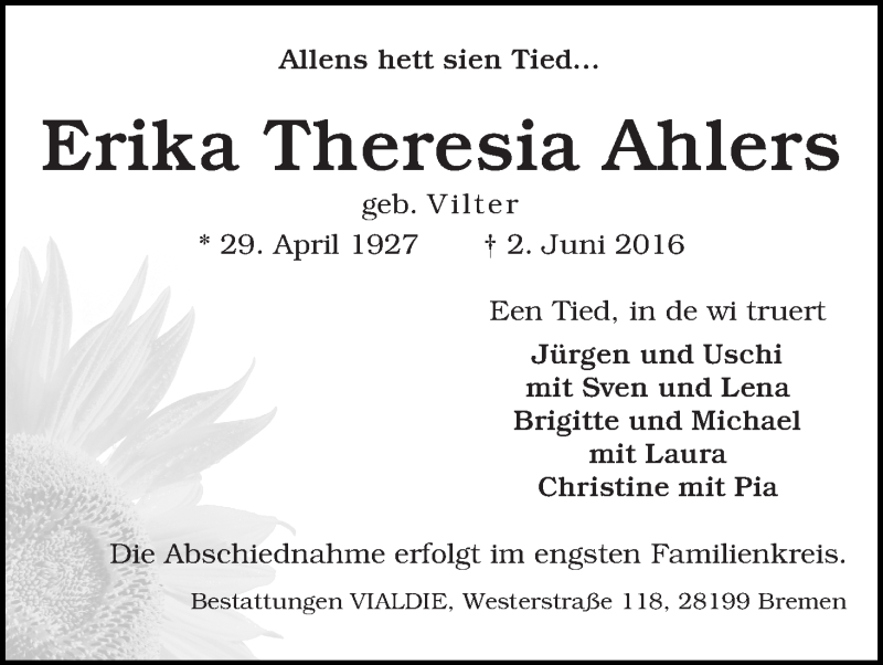 Traueranzeige von Erika Theresia Ahlers von WESER-KURIER