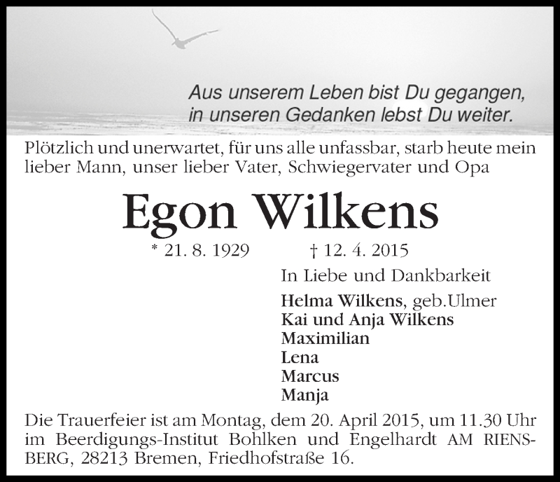 Traueranzeige von Egon Wilkens von WESER-KURIER