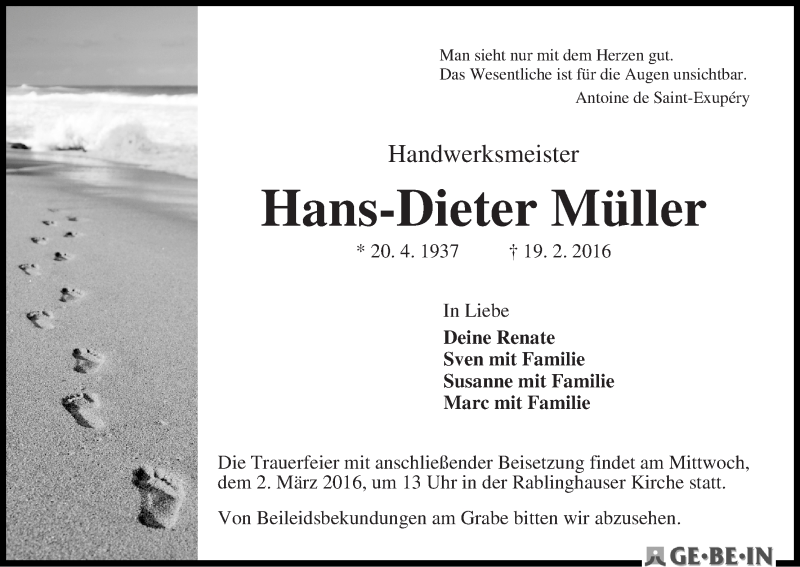Traueranzeige von Hans-Dieter Müller von WESER-KURIER
