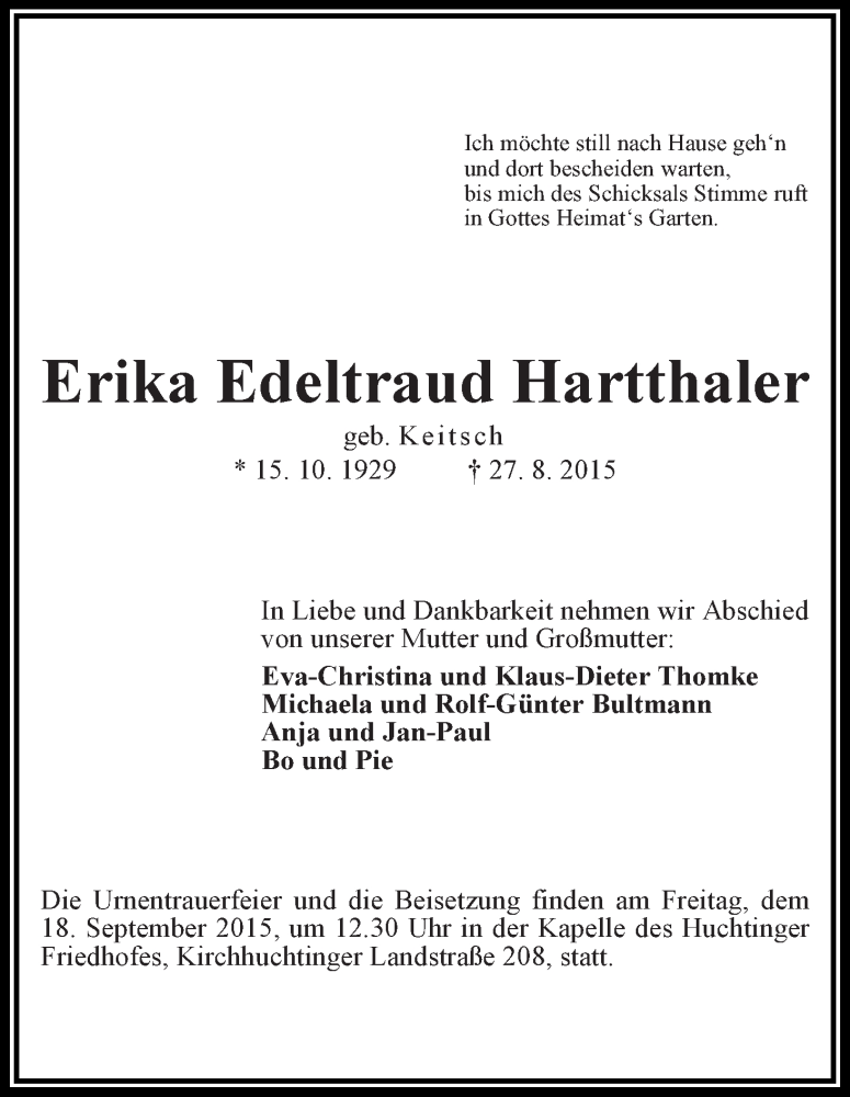Traueranzeige von Erika Edeltraud Hartthaler von WESER-KURIER