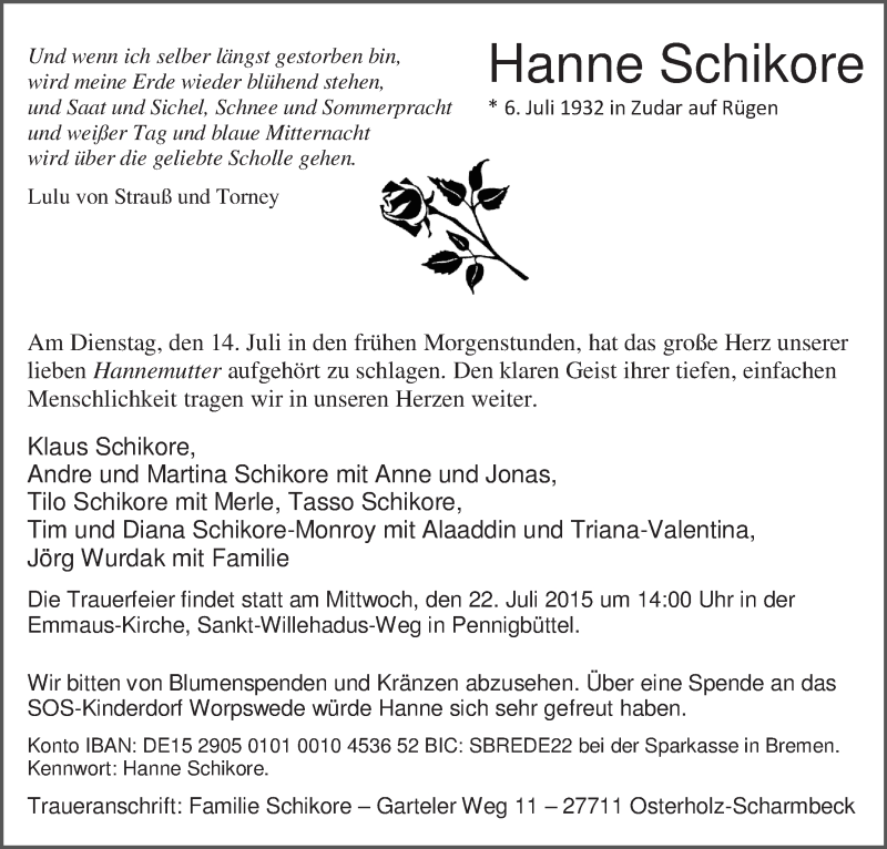 Traueranzeige von Hanne Schikore von Osterholzer Kreisblatt