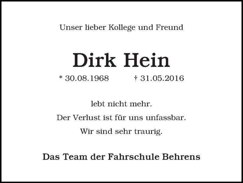 Traueranzeige von Dirk Hein von WESER-KURIER