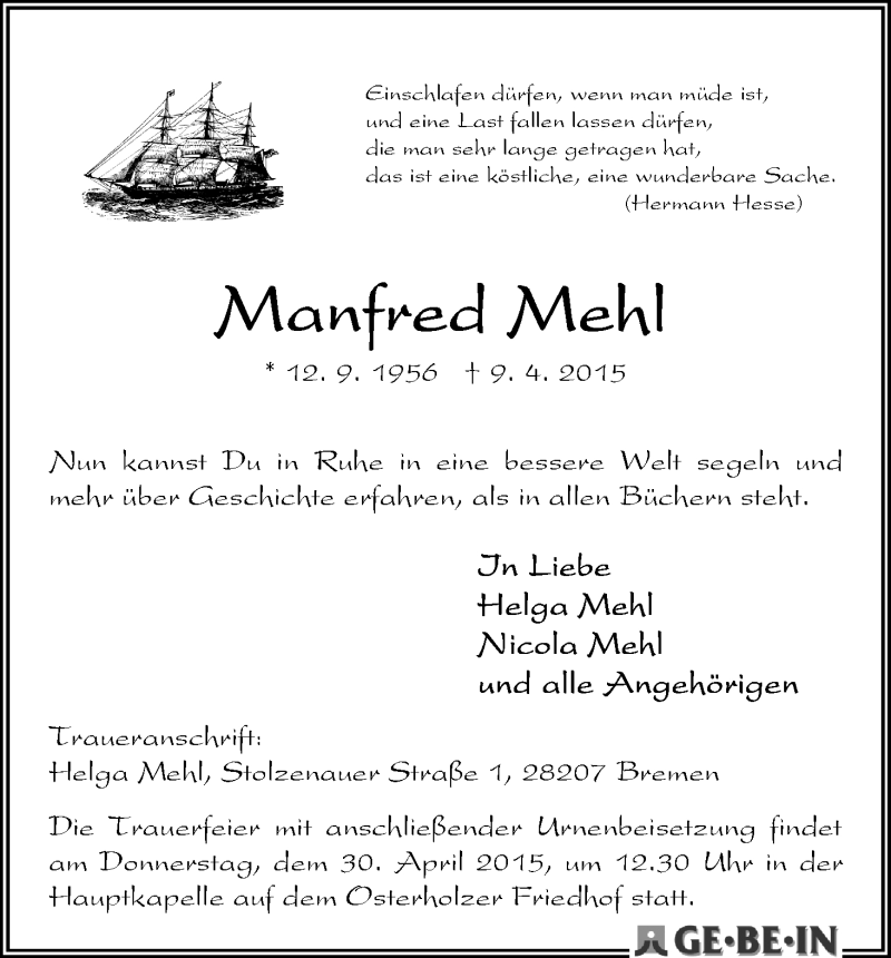Traueranzeige von Manfred Mehl von WESER-KURIER