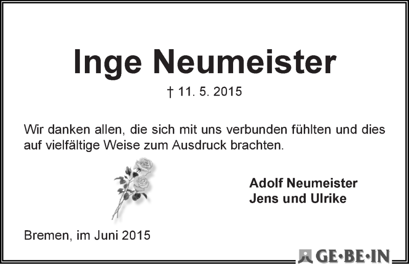 Traueranzeige von Inge Neumeister von WESER-KURIER