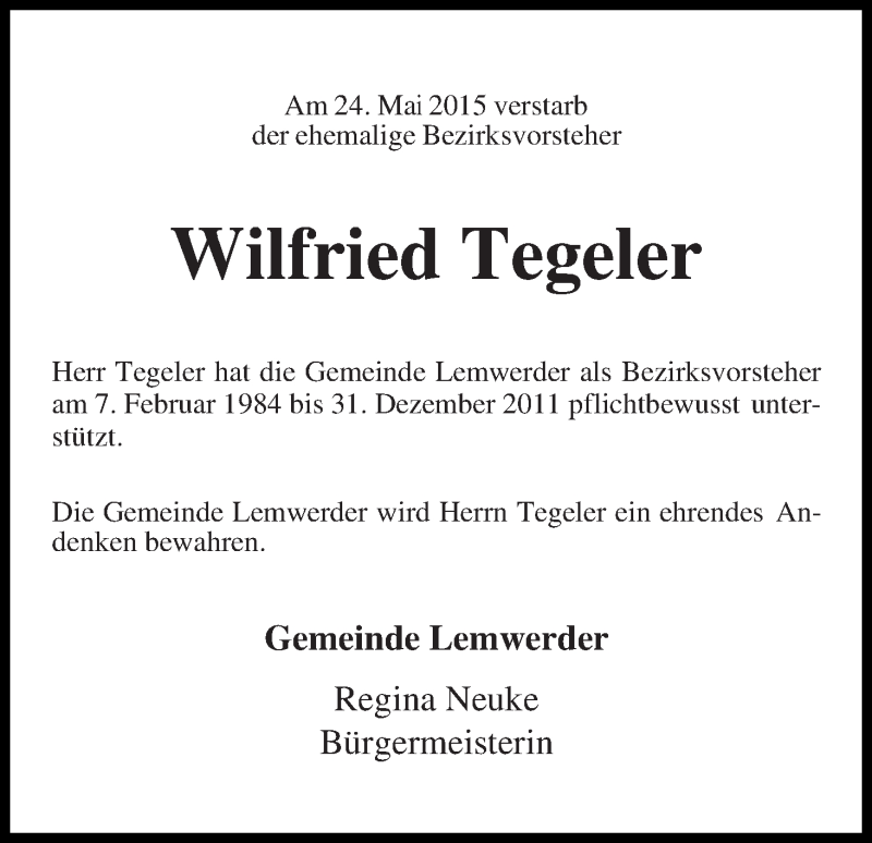 Traueranzeige von Wilfried Tegeler von Die Norddeutsche