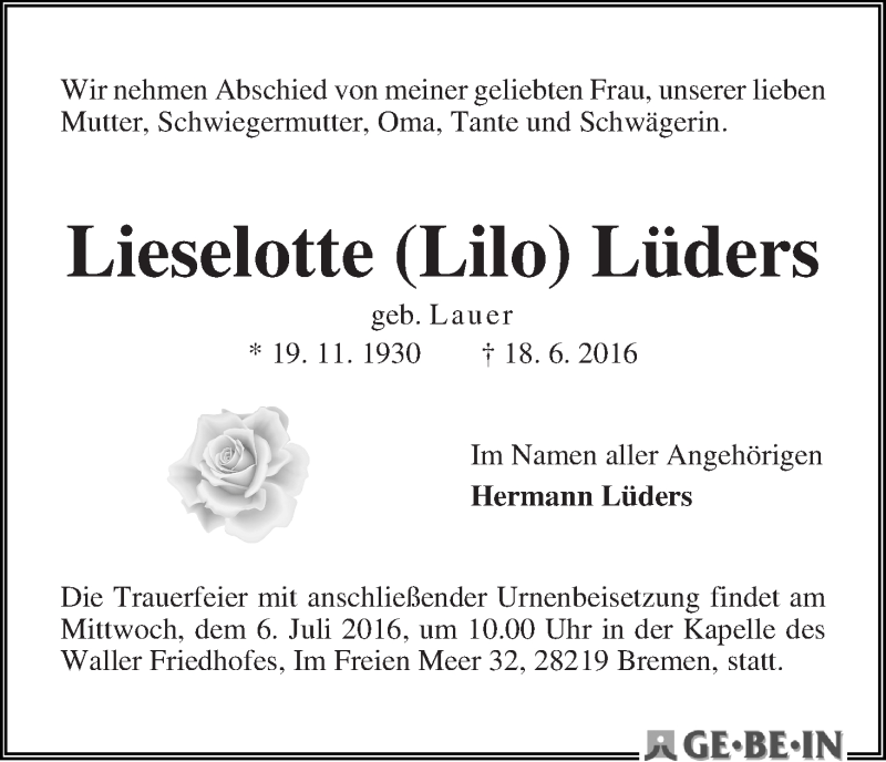 Traueranzeige von Lieselotte (Lilo) Lüders von WESER-KURIER