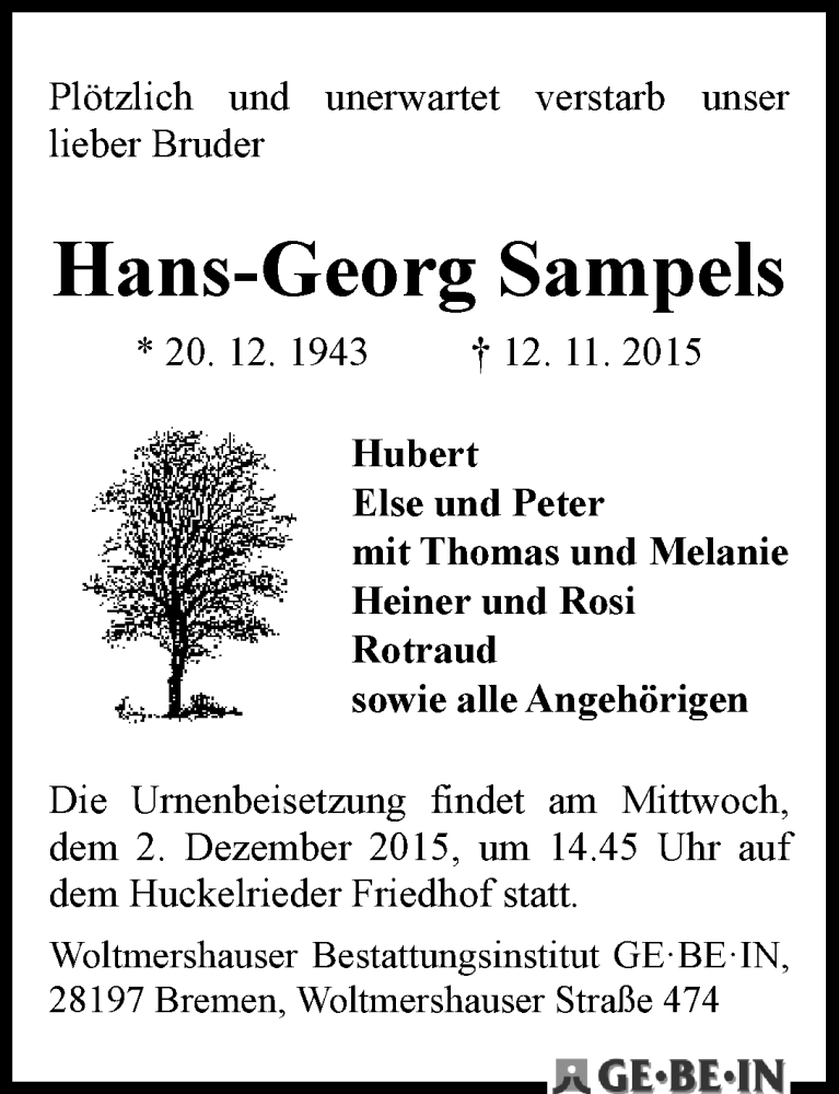 Traueranzeige von Hans-Georg Sampels von WESER-KURIER