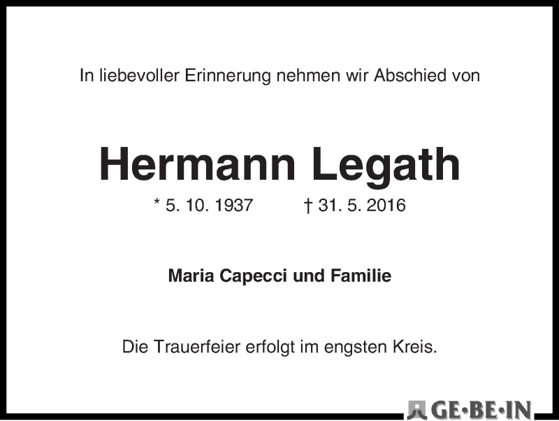 Traueranzeige von Hermann Legath von WESER-KURIER