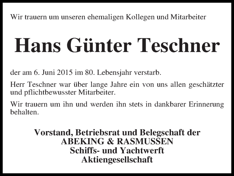 Traueranzeige von Hans Günter Teschner von Die Norddeutsche