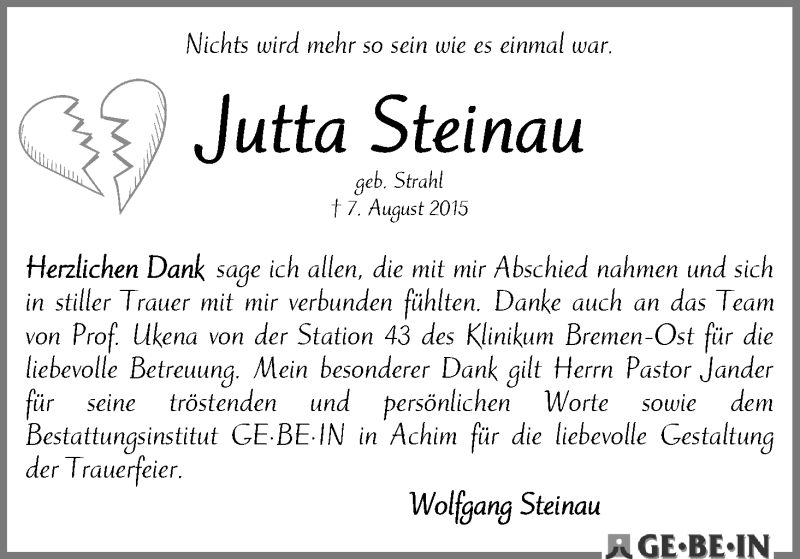 Traueranzeige von Jutta Steinau von WESER-KURIER