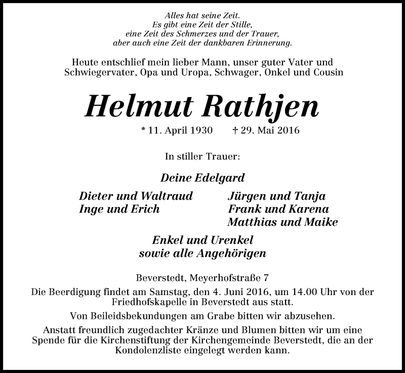Traueranzeige von Helmut Rathjen von Osterholzer Kreisblatt