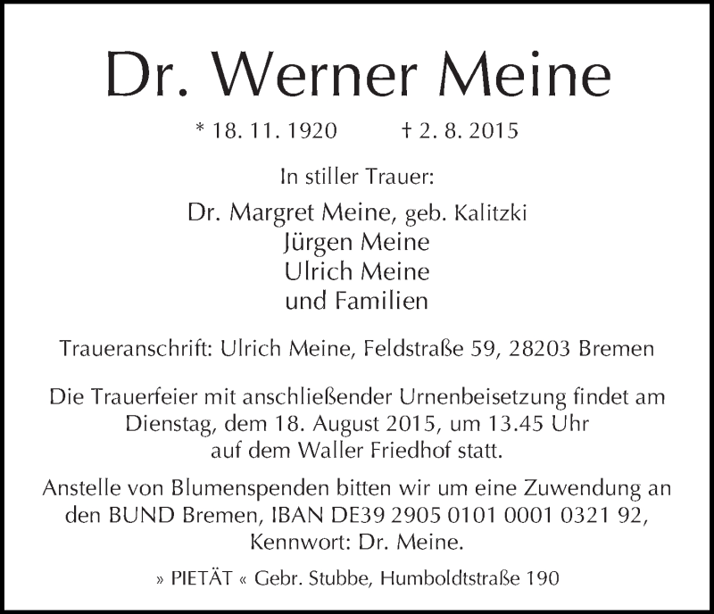 Traueranzeige von Werner Meine von WESER-KURIER