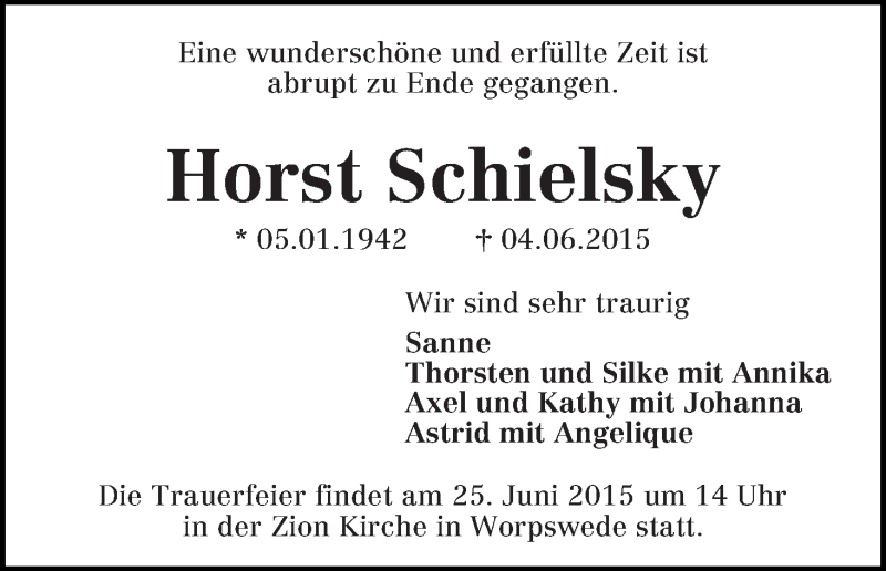 Traueranzeige von Horst Schielsky von WESER-KURIER