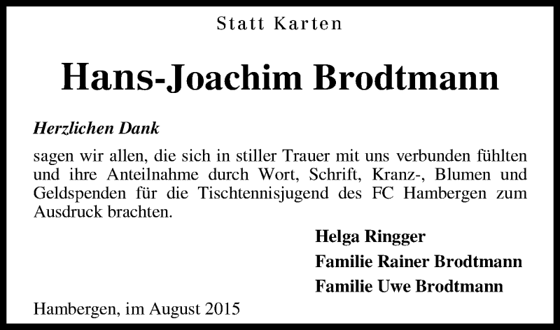 Traueranzeige von Hans-Joachim Brodtmann von Osterholzer Kreisblatt