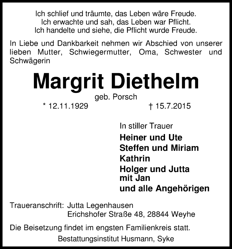 Traueranzeige von Margrit Diethelm von WESER-KURIER