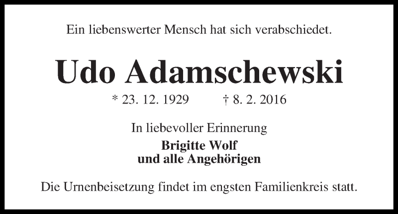 Traueranzeige von Udo Adamschewski von WESER-KURIER