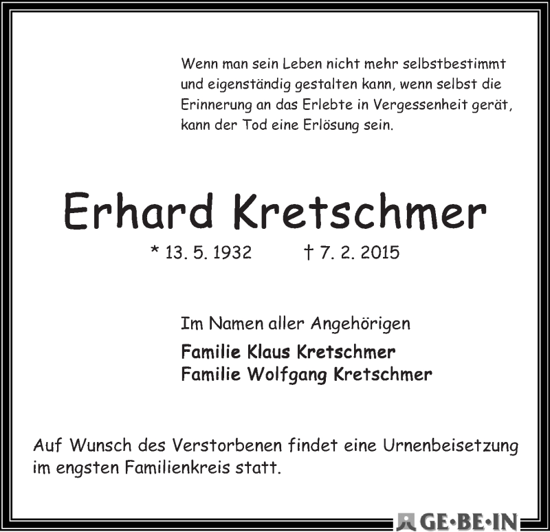 Traueranzeige von Erhard Kretschmer von WESER-KURIER