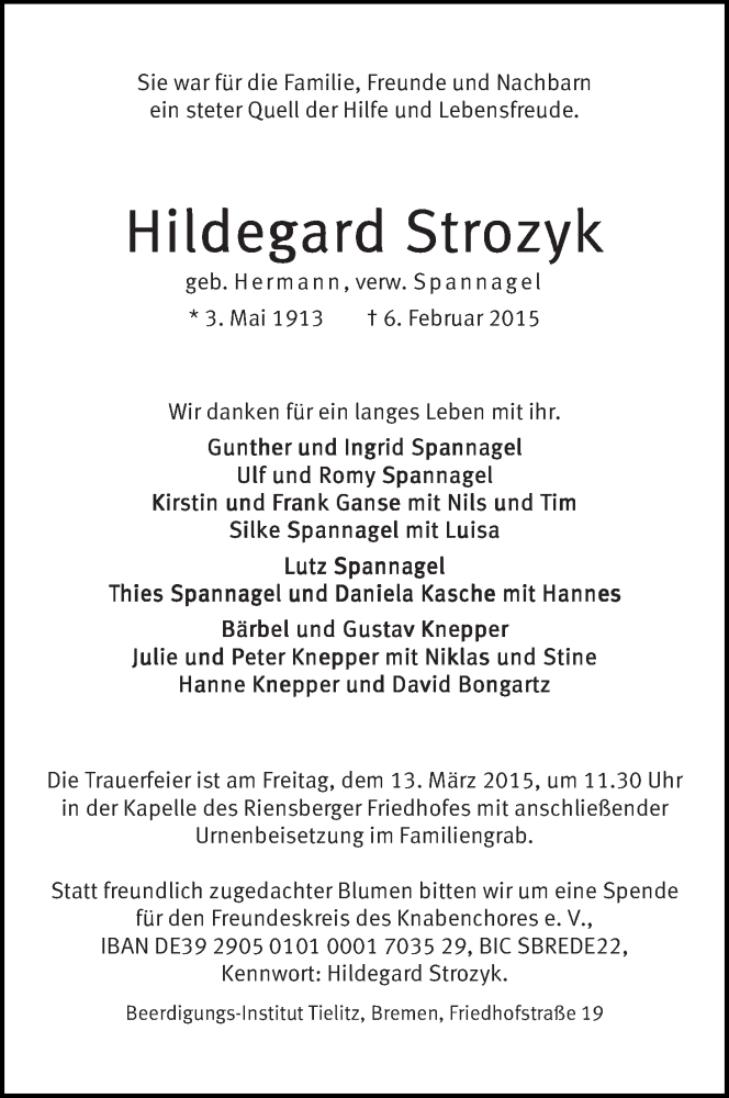 Traueranzeige von Hildegard Strozyk von WESER-KURIER