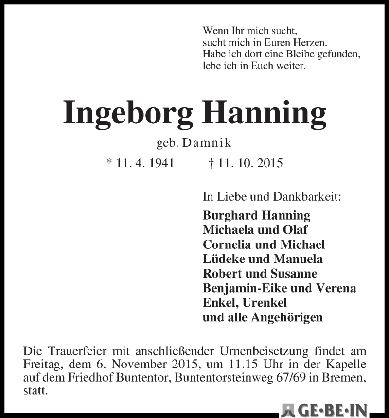 Traueranzeige von Ingeborg Hanning von WESER-KURIER