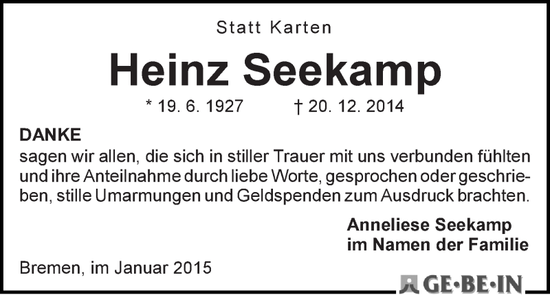 Traueranzeige von Heinz Seekamp von WESER-KURIER