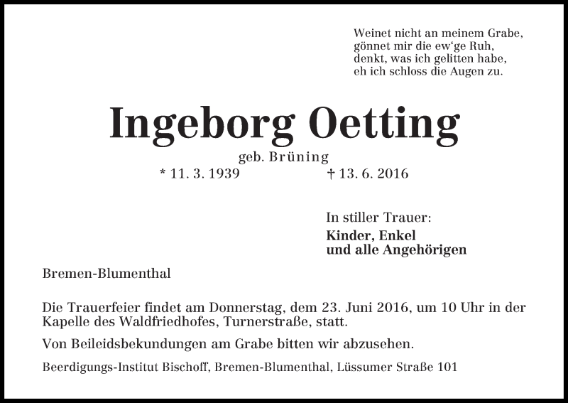 Traueranzeige von Ingeborg Oetting von Die Norddeutsche